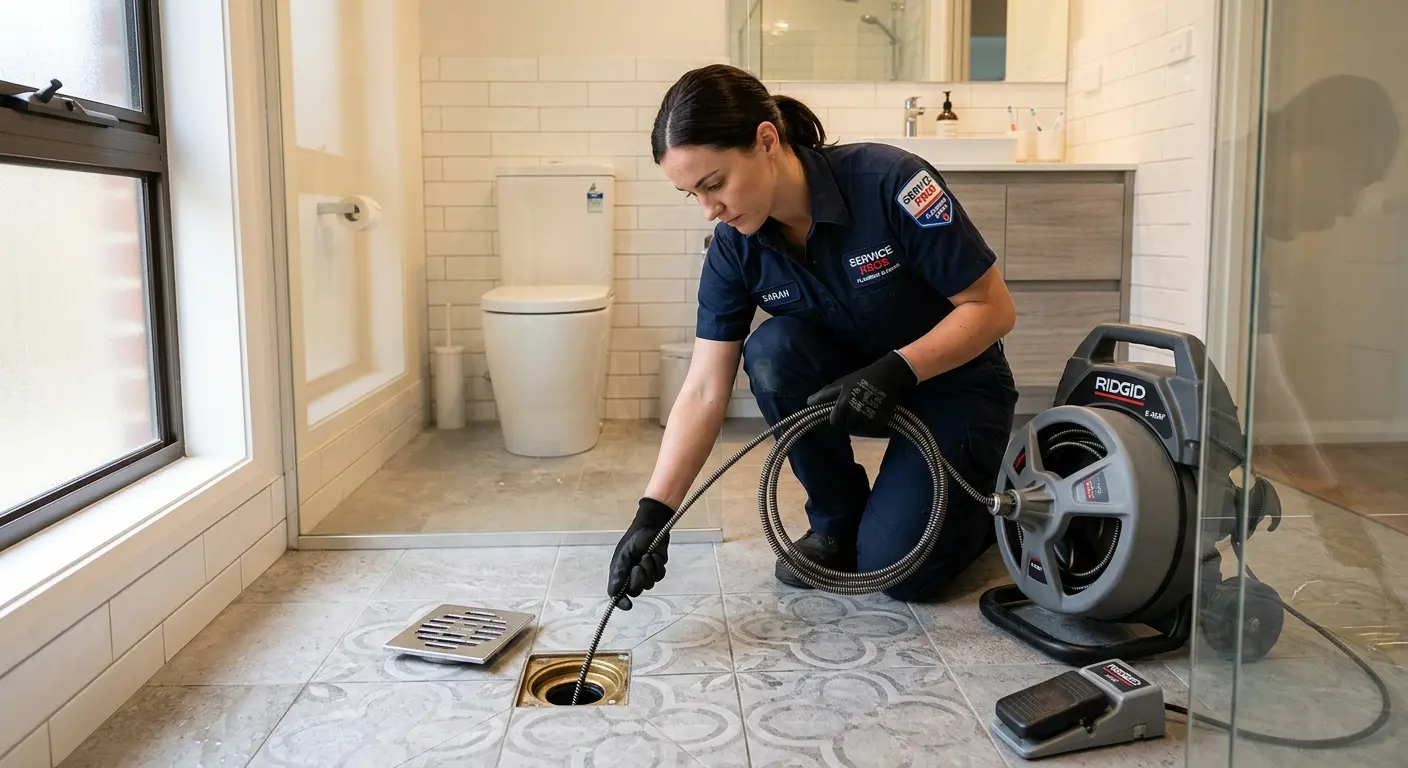 Technician clearing a bathroom floor drain for Hydro Jetting in Sidney